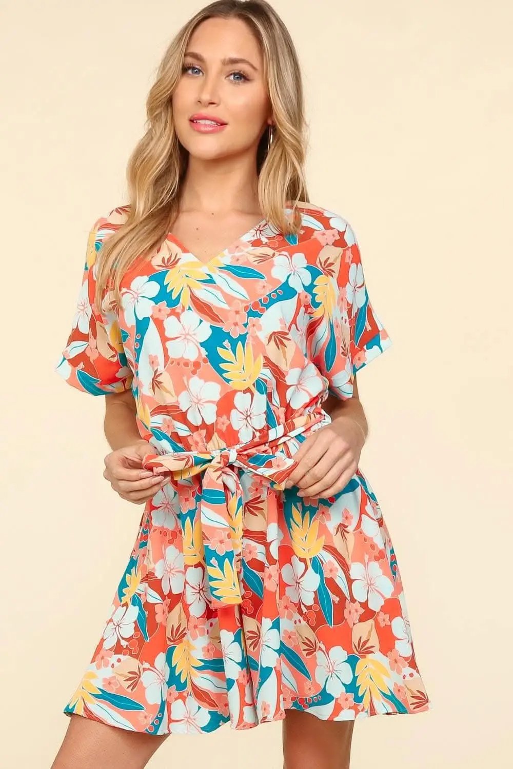 Haptics Tropical Floral Short Sleeve Tied Romper - Love Salve